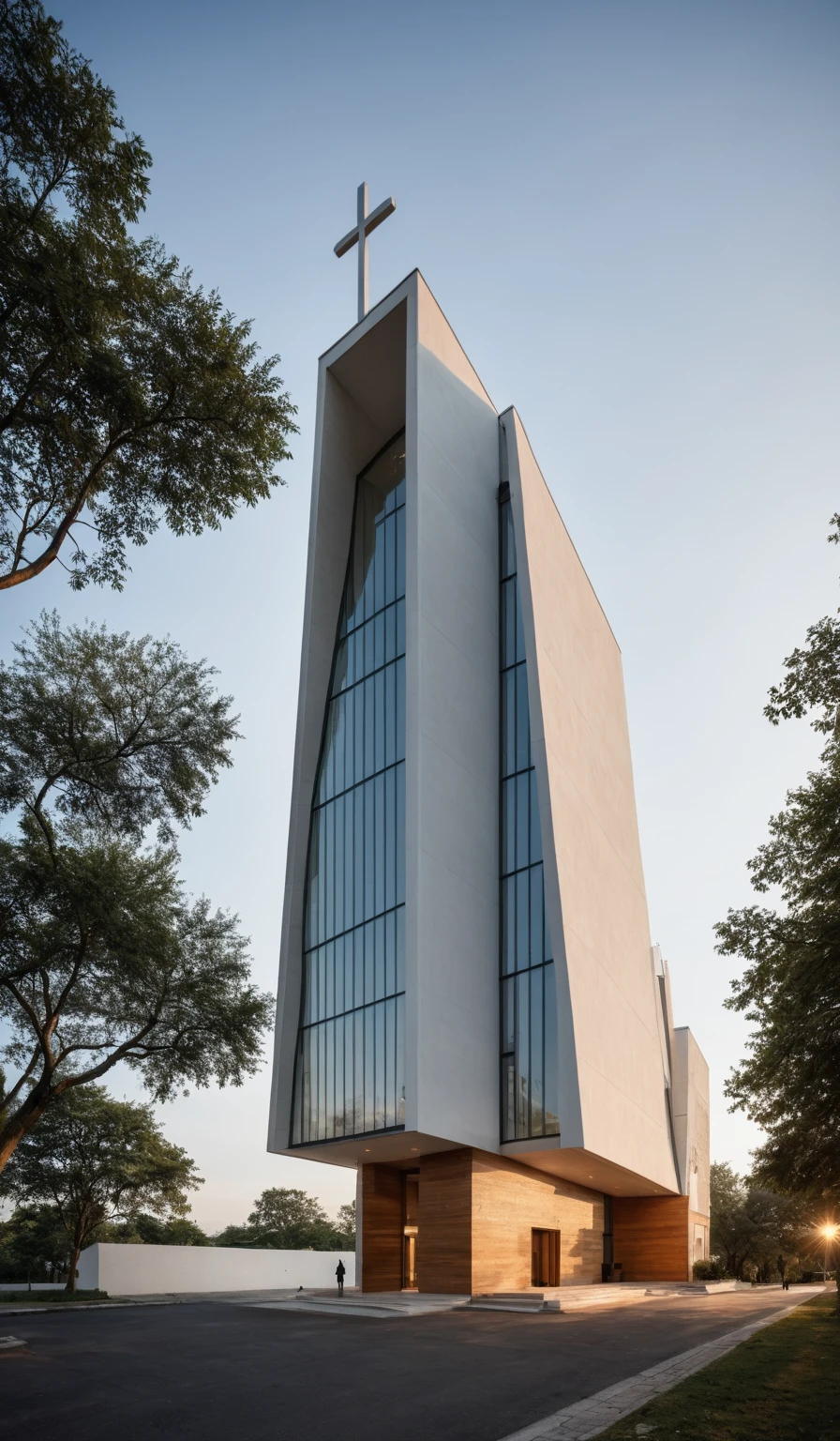 raw photo, best quality, ultra realistic, masterpiece, best quality skin, photography hd, dslr,
tcs, httlvn, modern church, road, people, house, facade design, outdoors, church, white walls, cross on top,
Dusk, sunshine,
View from a tree, dof view,