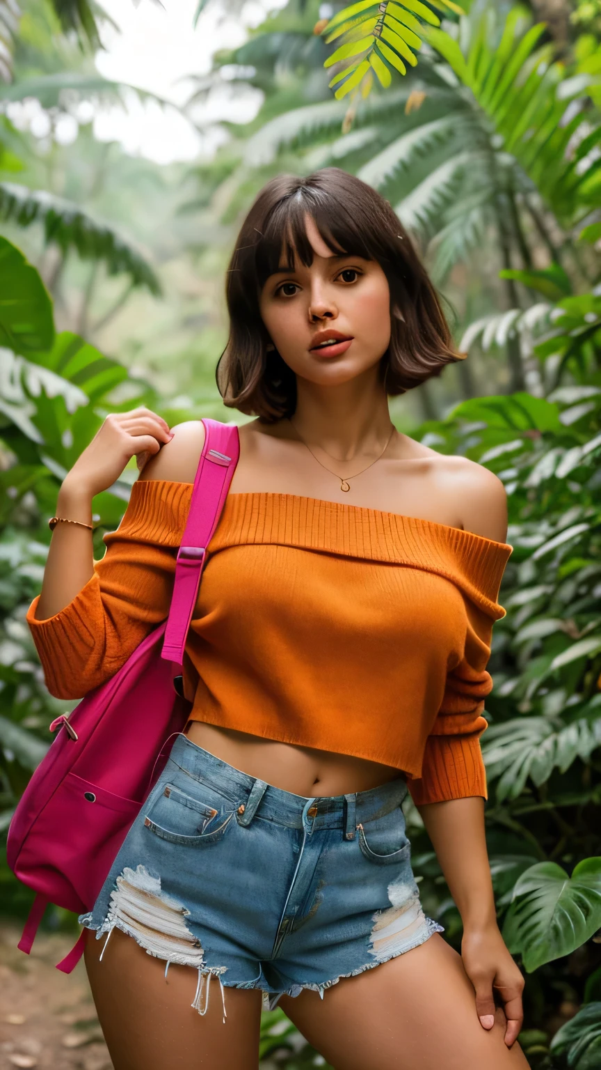 ((best quality)), ((masterpiece)), (detailed), 1girl, off-shoulder sweater, Super sexy Dora the Explorer wearing ripped tight white shorts and a backpack and showing cleavage, her clothes are ripped and dirty, she has a lick of shock on her face, in the jungle, orange shorts, fuchsia T-shirt, bob haircut with bangs, mouth open at the camera, perfect