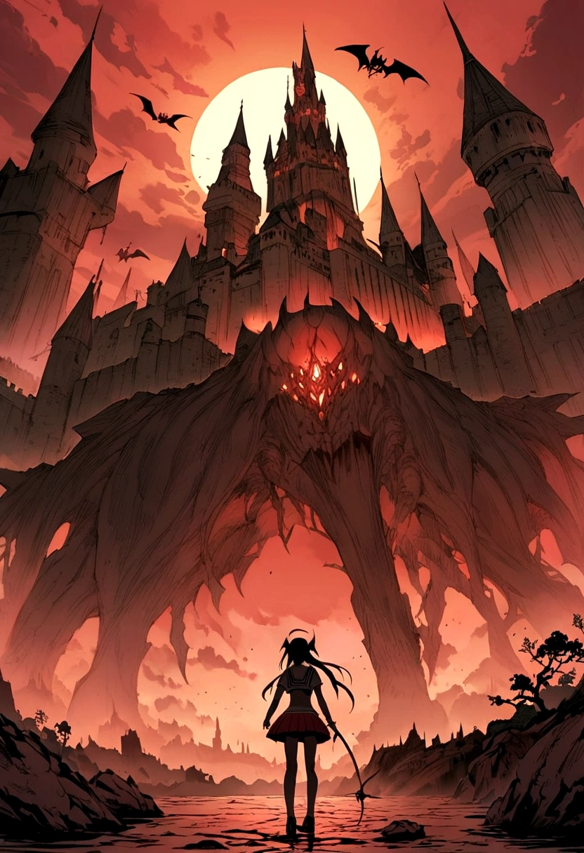 Anime Style.Fantasy World.Female Demon of the Demon King's Army.pretty girl.Sailor suit,Shortcuts.Has spider abilities.,The bikini is red.The background is Devil's Castle