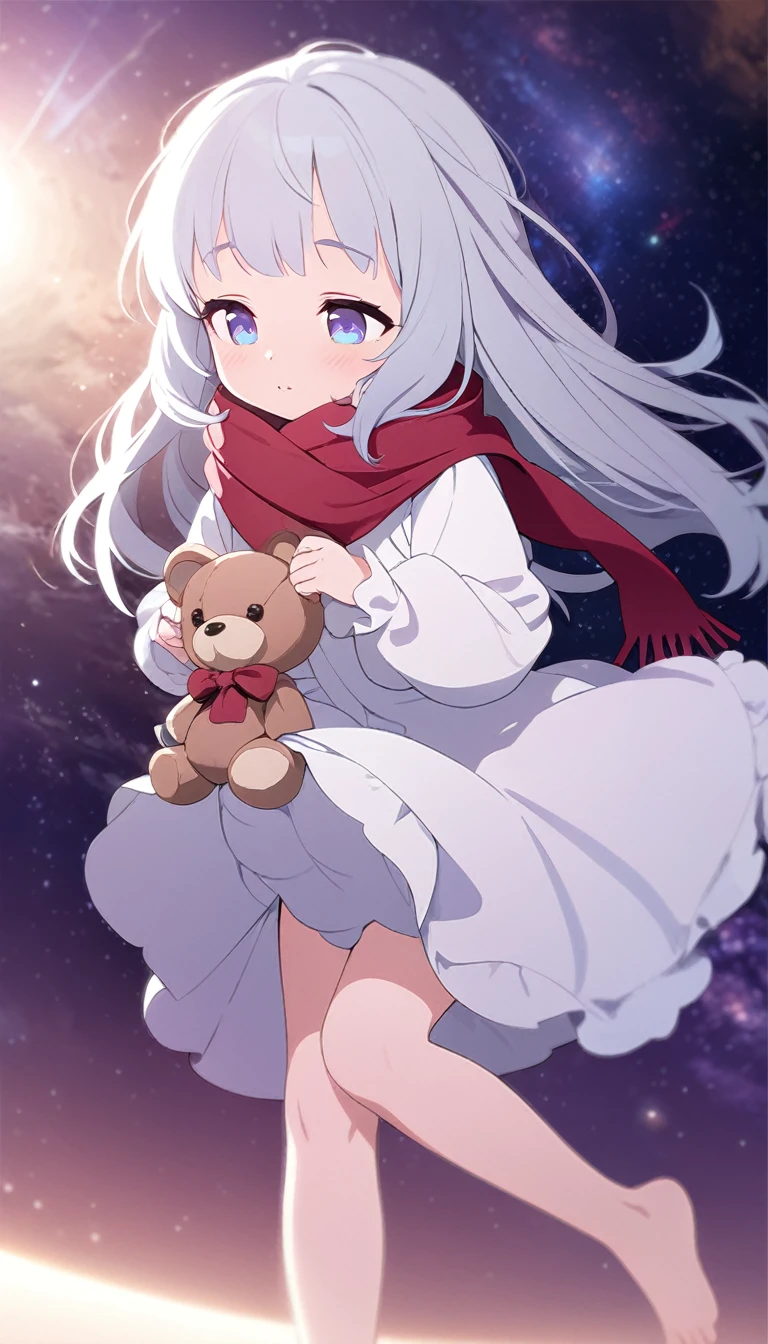 (((masterpiece))), (((best quality))),(((high detail))),light manipulation, girl with long silver hair, gradient purple to sky blue eyes, wearing a white dress, a red scarf, ((())), (((child))) , galaxy background, holding a teddy bear, feet, no footwear