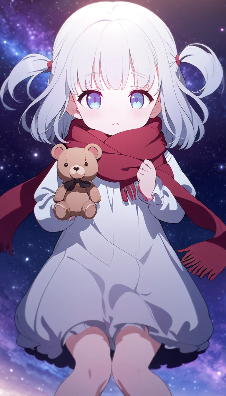 (((masterpiece))), (((best quality))),(((high detail))),light manipulation, girl with long silver hair, gradient purple to sky blue eyes, wearing a white dress, a red scarf, (((loli))), (((child))) , galaxy background, holding a teddy bear, feet, no footwear