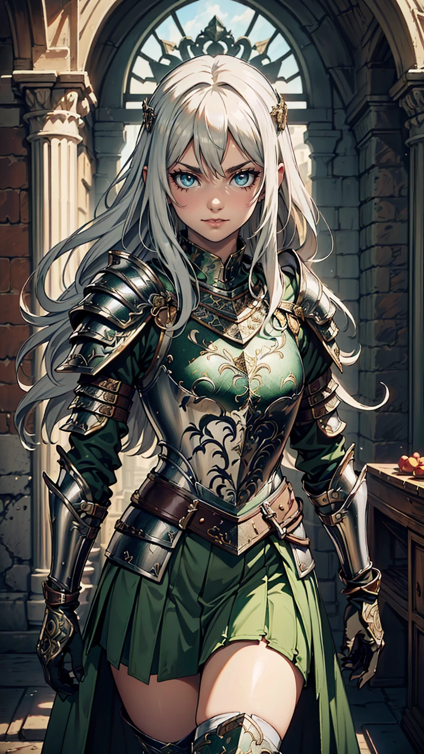 最high quality、Ultra High Definition, Ultra High Quality, Hyper Definition, Hyper Quality, Hyper Detailed, Extremely Detailed, Perfectly Detailed, Best image quality、masterpiece、anime woman((20-year-old、super dynamic pose , Green solid eyes, Silver long Hair、Disheveled Hair、Long White Hair,  Glove、Green Skirt, Noble Armor, Smirk, cheerful expression, Detailed Cuirass , Dressed in Full Coverage Noble Plate Armor, leg armor)),high quality、Beautiful art、background((Inside the mansion))、Written boundary depth、  movie、Visual Arts、Perfect art、8K,Genuine、