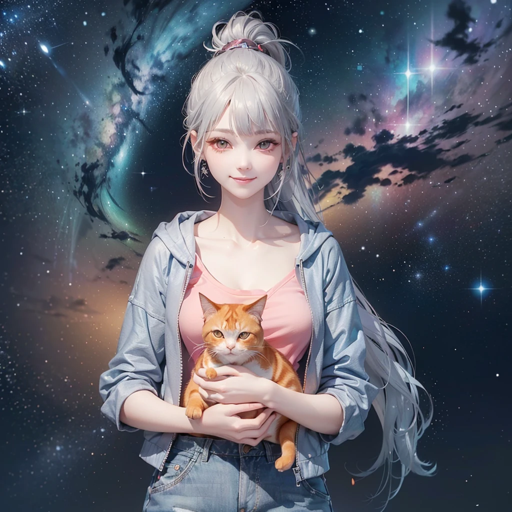 (((Holding a cute orange fat cat with super short legs in both hands，Correct ???????)))，((Highest quality，masterpiece，一位Mature美女，Super thin air parted bangs，Blue gray high ponytail super long straight hair，Double sideburn curly hair，Hair ends curled in，Gray powder clothes，Light blue denim gray hooded jacket，Exposed clavicle，Show earlobes))，((Mature，Smile slightly，Look at the camera head-on))，starry sky galaxy background