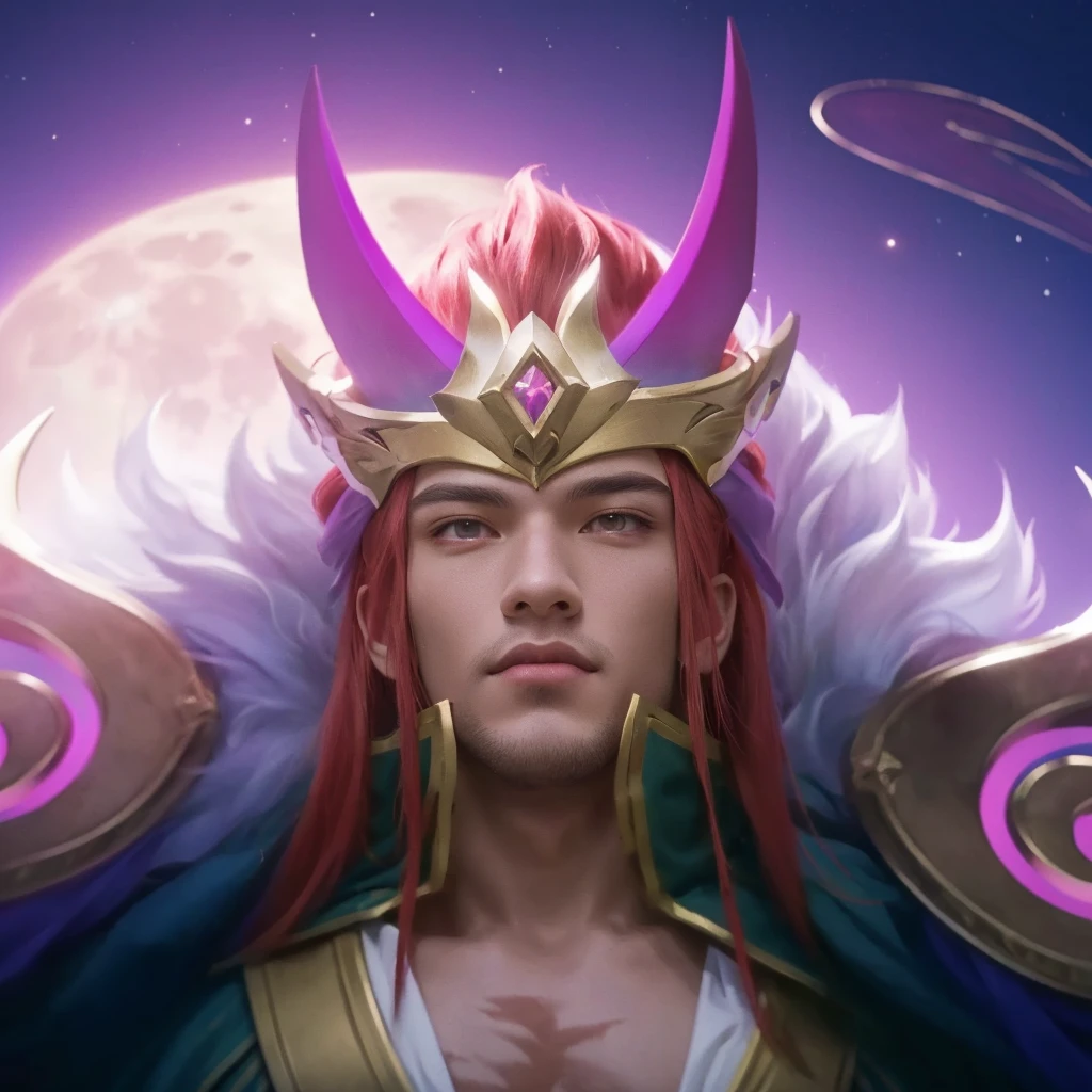 there is a 1boy with a crown on his head, god of the moon, red hair, charismatic, power stance, male god, handsome, ethereal, celestial, glowing moon in the background, dark night sky, stars, crescent moon, detailed lighting, dramatic chiaroscuro, cinematic, fantasy, digital art, 8k, hyper detailed, masterpiece, photorealistic, man, male