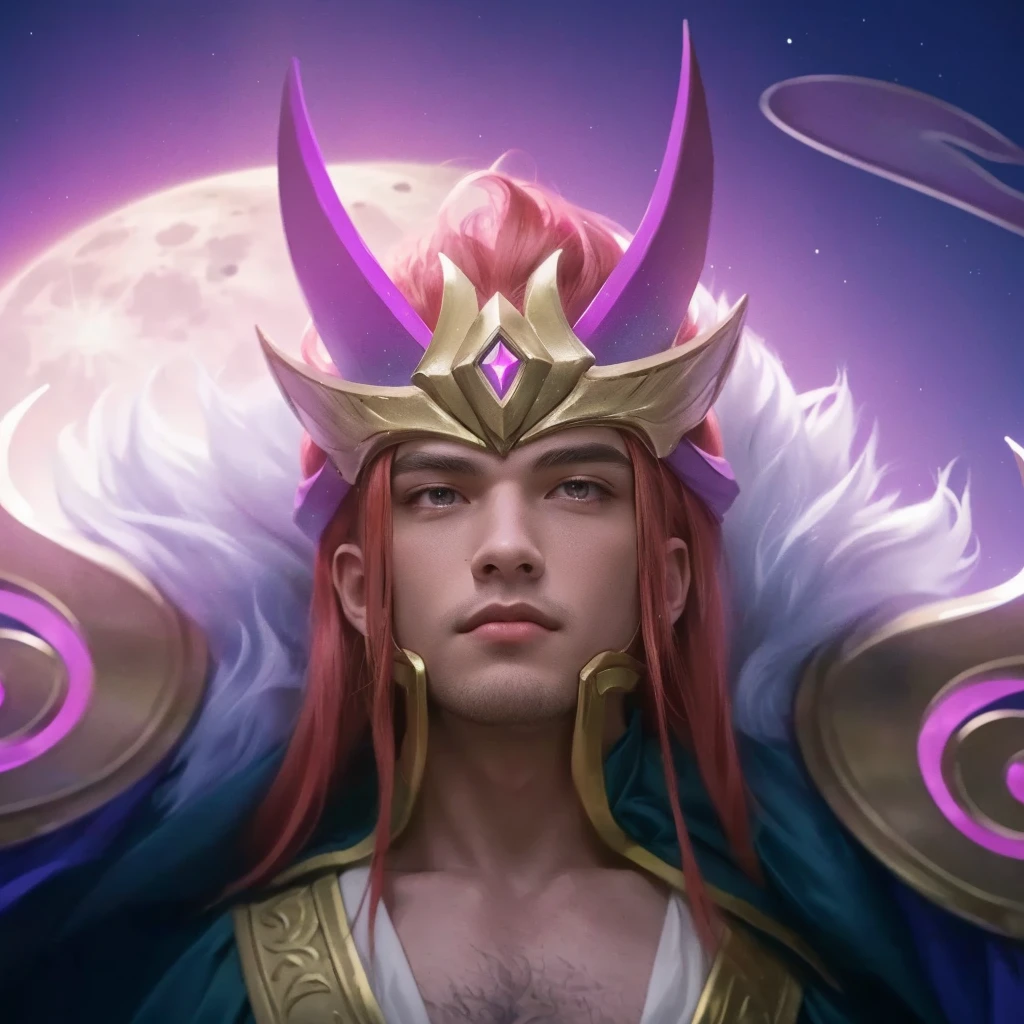 there is a 1boy with a crown on his head, god of the moon, red hair, charismatic, power stance, male god, handsome, ethereal, celestial, glowing moon in the background, dark night sky, stars, crescent moon, detailed lighting, dramatic chiaroscuro, cinematic, fantasy, digital art, 8k, hyper detailed, masterpiece, photorealistic, man, male