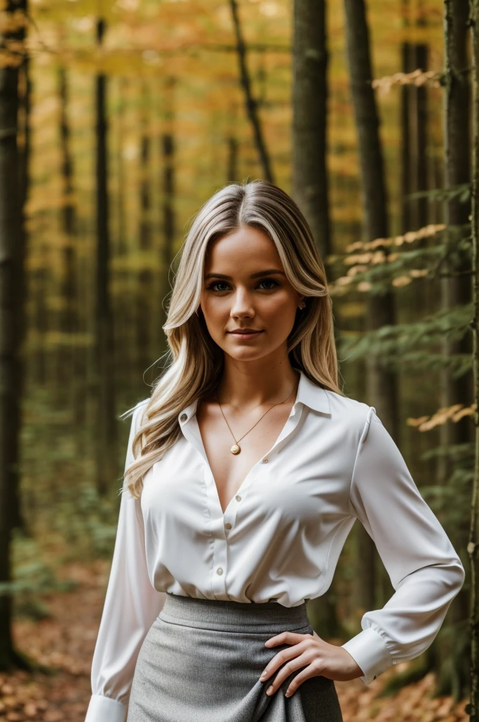 outside, in the forest, autumn, the sun is shining, full body shoot, Hyper-realistic and detailed shoot of blonde woman, small smile, 25 years old, Perfect eyes, (eye makeup:1.1), ((white unbuttoned blouse)), (big chest), gray tight-fitting skirt, (Highly detailed skin:1.1), sharp focus, 8K UHD, DSLR, High quality, Fujifilm XT3, grain, award winning, 50mm lens,