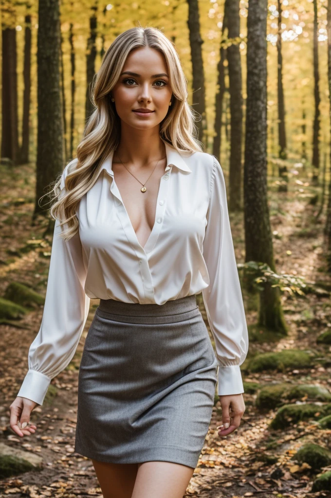 outside, in the forest, autumn, the sun is shining, full body shoot, Hyper-realistic and detailed shoot of blonde woman, small smile, 25 years old, Perfect eyes, (eye makeup:1.1), ((white unbuttoned blouse)), (big chest), gray tight-fitting skirt, (Highly detailed skin:1.1), sharp focus, 8K UHD, DSLR, High quality, Fujifilm XT3, grain, award winning, 50mm lens,