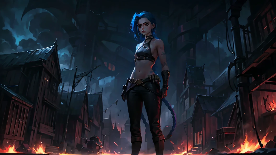 (masterpiece, Best quality), 1 girl, portrait, very sexy, crazy look, smile, crying, pink tears, tears on the cheeks, tears from eyes, full length (full body 1.1.), очень feminine, fighting stance, battle, fire, explosions, burning city, Beautiful waist, gloomy composition, flame, fire, Flash, very beautiful, feminine, long hair, hair braided in long braids, very sexy, tight leather pants, emphasis on the eyes, emphasis on the face, Beautiful face, Hands, Hair, Haired ponytail, red purple eyes, Джинкс crying, Blue cloud tattoo, (masterpiece, Best quality), Side lighting, beautiful detailed eyes, crazy face), (Best quality), (masterpiece), magic photography, Spectacular lighting, Photorealism, ultra detailed, интимная portraitная композиция, 1. 4,8 k UHD, aesthetic, Cd., A high resolution, 8 k, better lighting, Best shade, Ultra-HD, A high resolution, sharp focus, Complex background, Cinematic lighting, ((Landscape view)), 4K block, (better lighting), ((Cinematic lighting)),