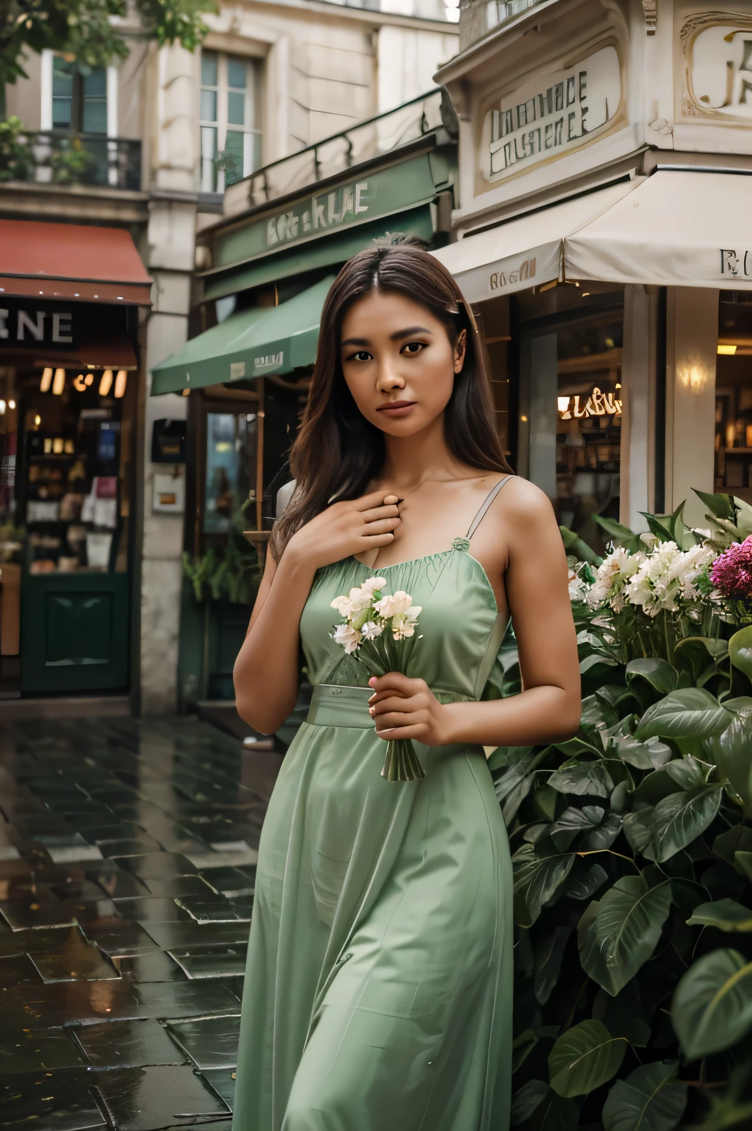 4D realstic image about beauiful indonesian woman dynamic pose in the vintage of the eiffel tower background, wearing long dress, parisian street with flower shops and cafes, raindrops on green leaves, detailed, soft lighting, romantic atmosphere, high resolution