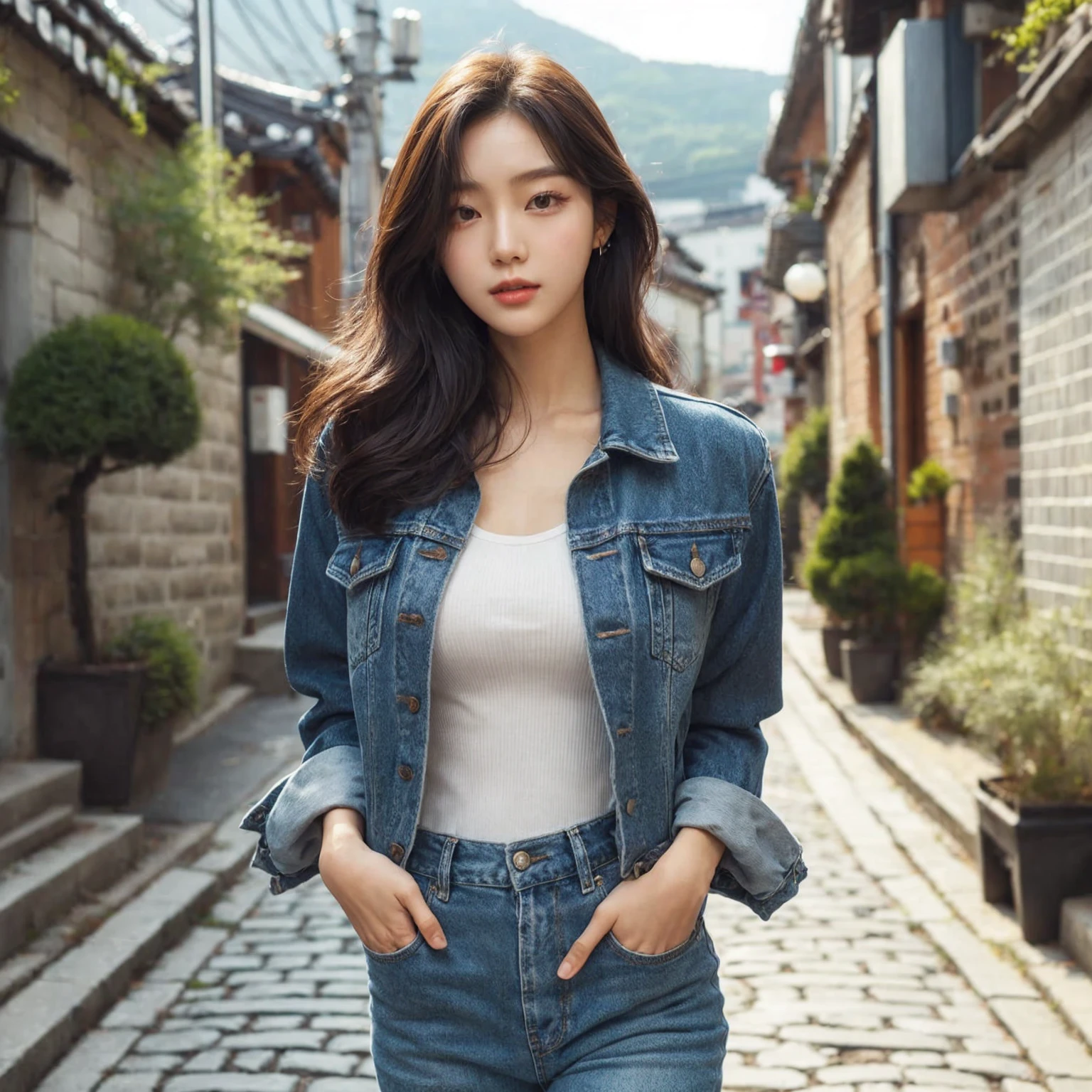 Beautiful young Korean female walking confidently down a cobblestone street in casual, stylish outfits with jackets, shirts, and jeans. The backdrop is a vintage urban setting with buildings and greenery, blending modern style with a cool urban vibe.