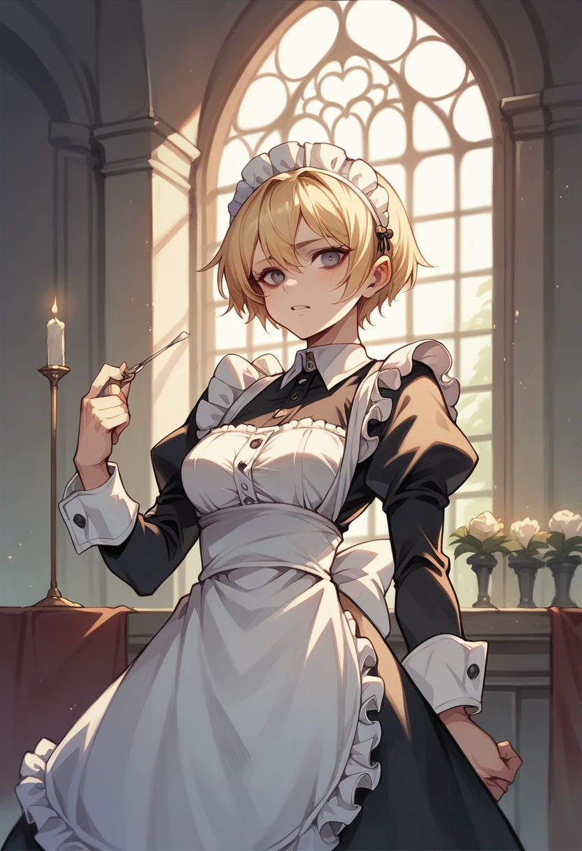 Gothic blonde maid with short hair in a mansion