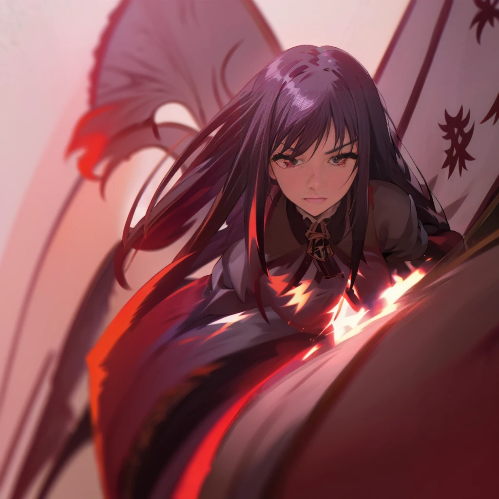 Elegant woman with cool red-purple heterochromia eyes, beautiful woman, perfect face,  wearing a red dress, long black hair (top quality, 8k, high, masterpiece), highly detailed facial features, intricate details, natural lighting, warm color, soft focus, digital painting, fantasy art, silhouette, red light, eerie atmosphere, foggy, Scythe, weapon, red aura, black particles, big breasts.