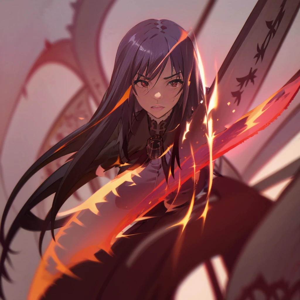 Elegant woman with cool red-purple heterochromia eyes, beautiful woman, perfect face,  wearing a red dress, long black hair (top quality, 8k, high, masterpiece), highly detailed facial features, intricate details, natural lighting, warm color, soft focus, digital painting, fantasy art, silhouette, red light, eerie atmosphere, foggy, Scythe, weapon, red aura, black particles, big breasts.