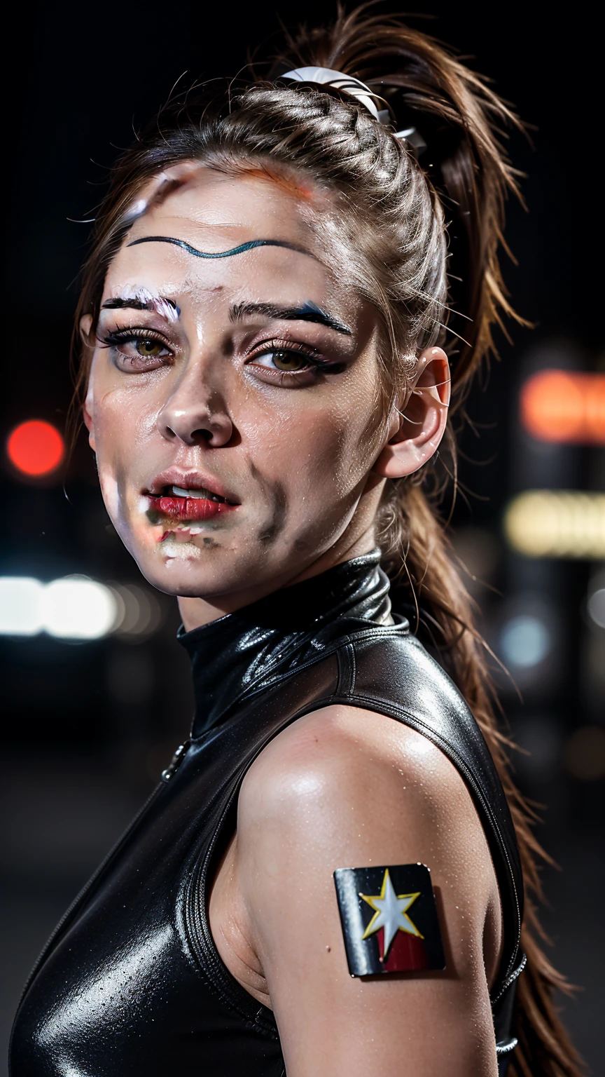 (masterpiece), (photorealistic1.4), (epiCRealLife), (best quality), (epiCFlashPhoto), (ponytail), (Kristen Stewart), (young woman), (on the street), (close up), (flashphoto), (flash photography), (make up), (laugh), (at night), (Cyberpunk bodysuit), (from front), (cowboy shots), (close up)