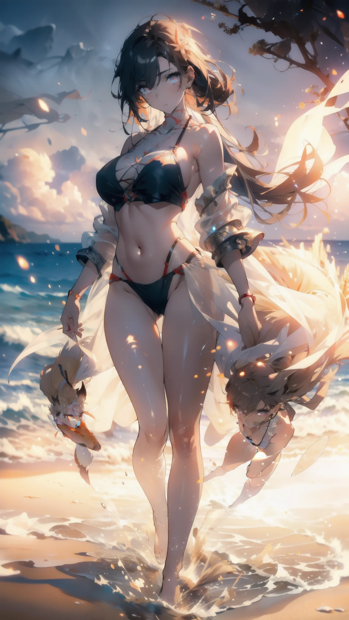 ((masterpiece, best quality)), Epic battlefield atmosphere,Delicate face,Nine-tailed Fox,Wheat skin,seaside,Beach,whole body,Standing picture,glowing eyes,Large Breasts,Perfect body proportions,Pure white background,firefly,Transparent sex bikini