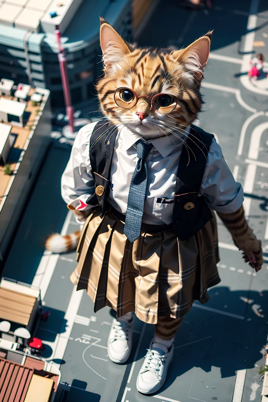 (Highest quality, masterpiece:1.2), pressure, Giant,  aerial photograph, School exterior, Schoolyard, Make the city smaller, 1 High school girl, Main cat, Depth of written boundary, High resolution, 超High resolution, 8K, Very detailed, Realistic, Sun light, Pleated skirt, Aerial perspective, Glasses