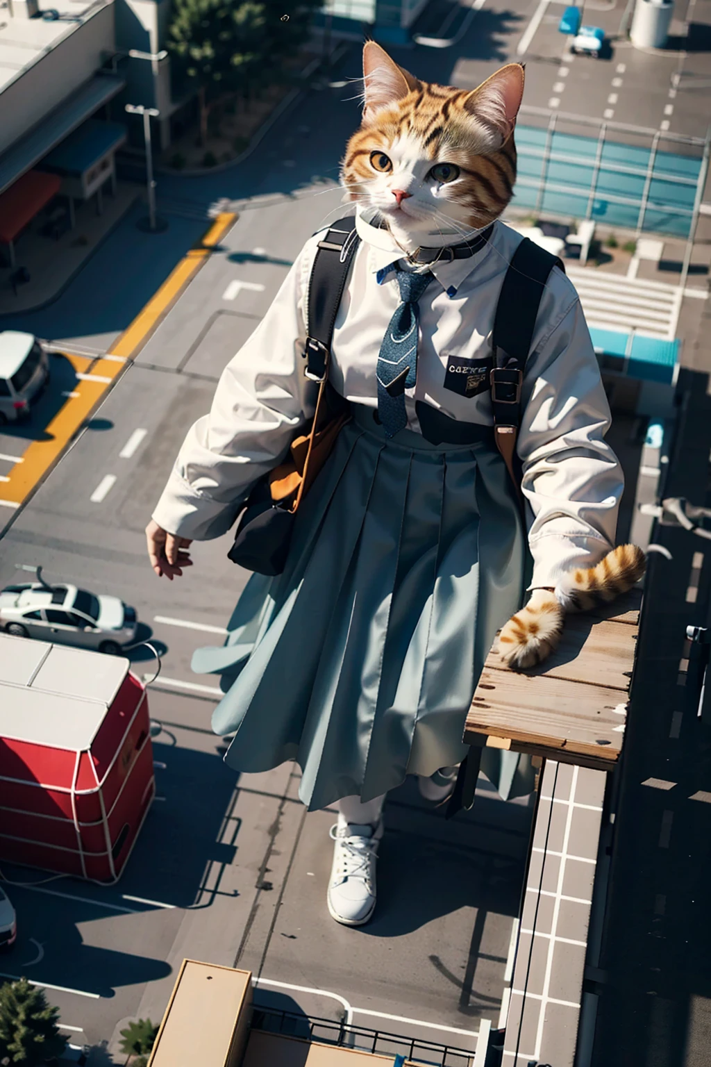 (Highest quality, masterpiece:1.2), pressure, Giant,  aerial photograph, School exterior, Schoolyard, Make the city smaller, 1 High school girl, Main cat, Depth of written boundary, High resolution, 超High resolution, 8K, Very detailed, Realistic, Sun light, Pleated skirt, Aerial perspective, Glasses