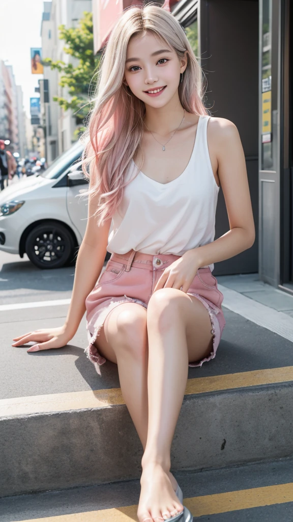 18-year-old、Tabletop, Highest quality, shape, Very detailed, In detail, High resolution, 8k wallpaper, Perfect dynamic composition, Beautiful details, Super long hair、smile、Prompt Hair、blonde、Pink inner color hair、Street Snap、Silver Eyes、Shorts、Beautiful feet