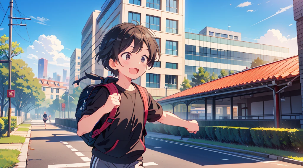 Highest quality, Ultra-high resolution, masterpiece, 8K quality,A mother watches her little boy running with a black backpack、 Laughing happily. There is a building in the background, Flat school building, Warm Spring.