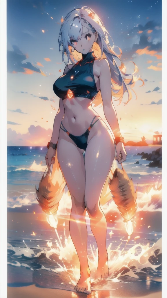 ((masterpiece, best quality)), Epic battlefield atmosphere,Delicate face,Nine-tailed Fox,Wheat skin,seaside,Beach,whole body,Standing picture,glowing eyes,Large Breasts,Perfect body proportions,Pure white background,firefly,Transparent sex bikini,Three-point