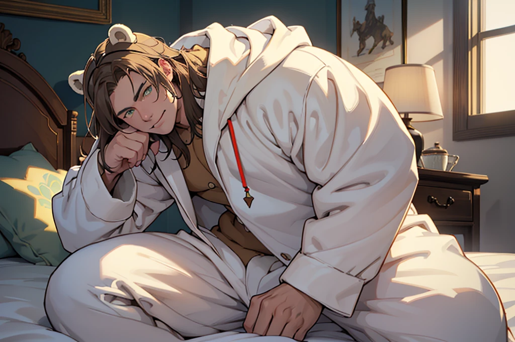 , (work of art), best qualityer, (extremely detailded face), muscular boy .extremely detailded eyes, perfect lighting, broad detail, detailded, deep skin,texturized skin, ,polar fleece suit ,white bear costume , long sleeves, hood,,malva , long hair, greeneyes, great smile,on the bed ,sitting between pillows brown hair, (animal hood, polar bear ears, fake animal ears, texturized skin, High details, high qualiy, best qualityer, work of art, man wearing a polar bear costume, ((bear costume style pajamas)), room, Stuffed animal, white pajamas