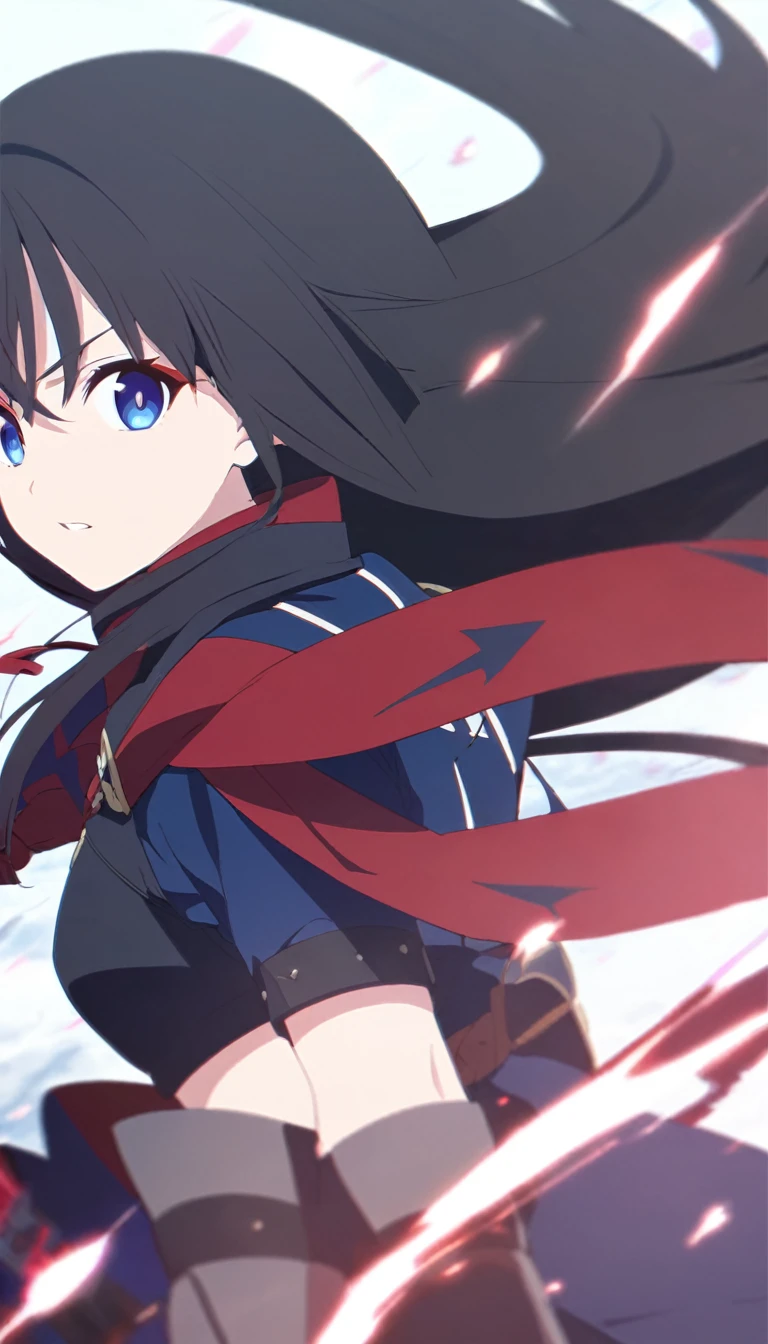 girl, anime, warrior, long hair with red and blue lines, pretty eyes, black hair 