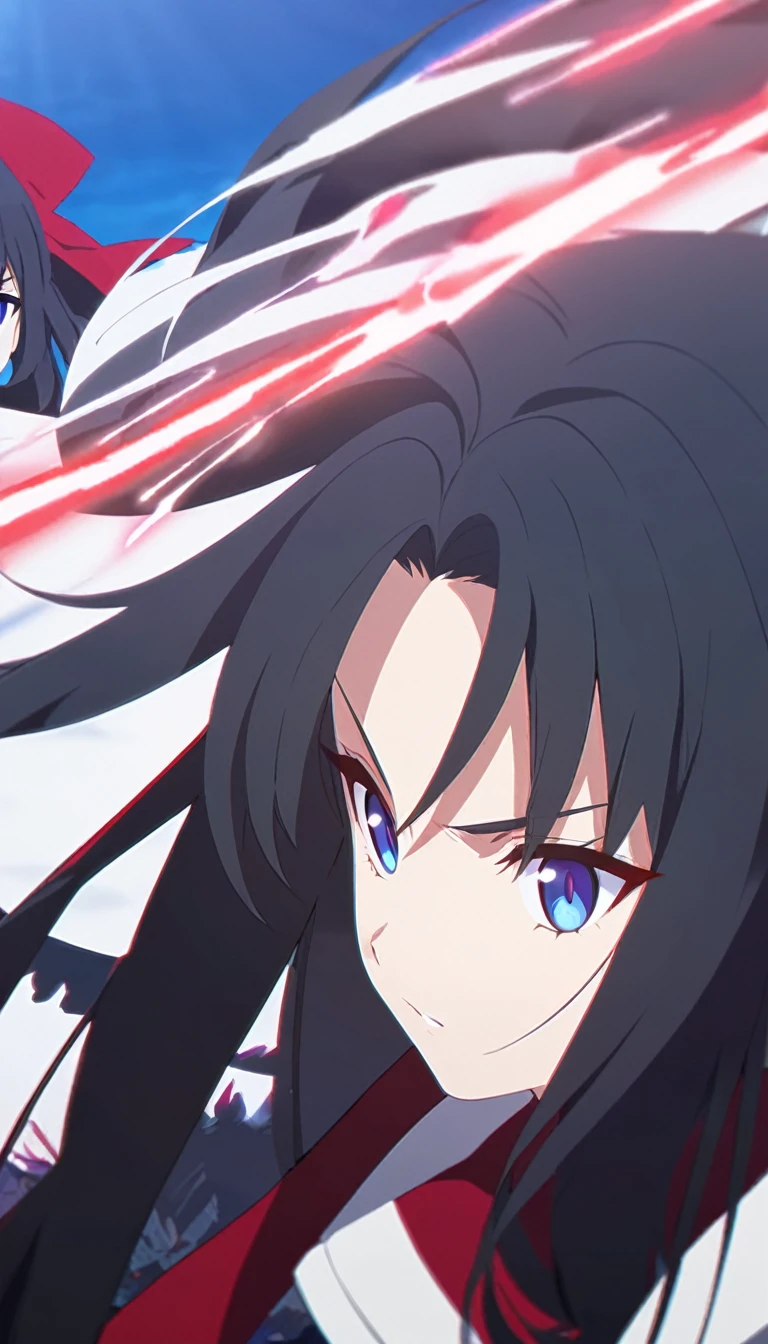 girl, anime, warrior, long hair with red and blue lines, pretty eyes, black hair