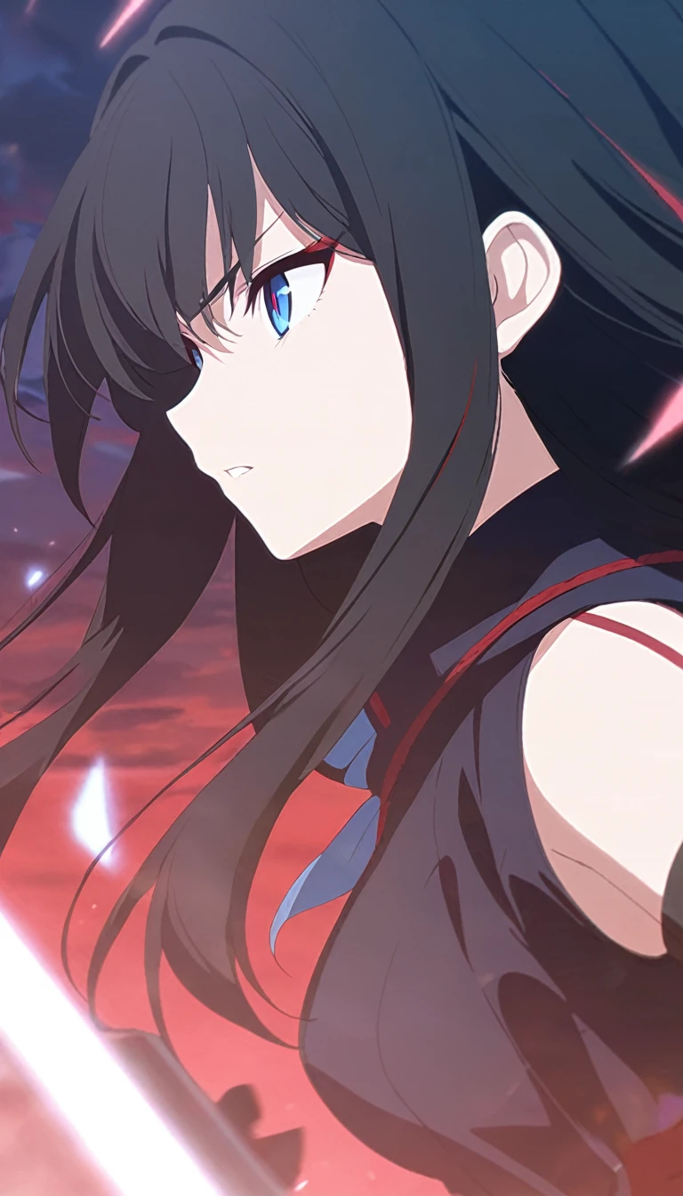 girl, anime, warrior, long hair with red and blue lines, pretty eyes, black hair