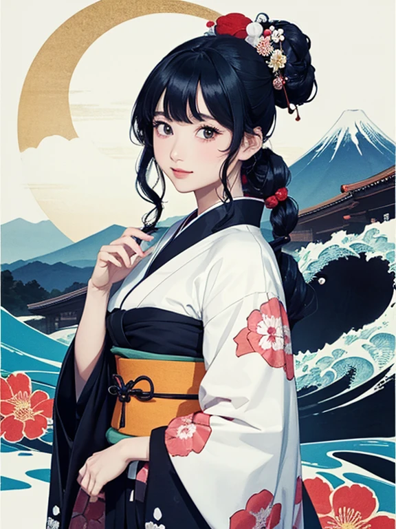 (Highest quality、masterpiece、High resolution、8K)、Ukiyo-e、Vibrant colors、Katsushika Hokusai、1 female、Black hair Japanese topknot、whole body、The kimono has a vivid floral pattern on a white background.、Official Art、背景はUkiyo-e風、White waves and Mt. Fuji、Flowers and Moon、White waves and the moon