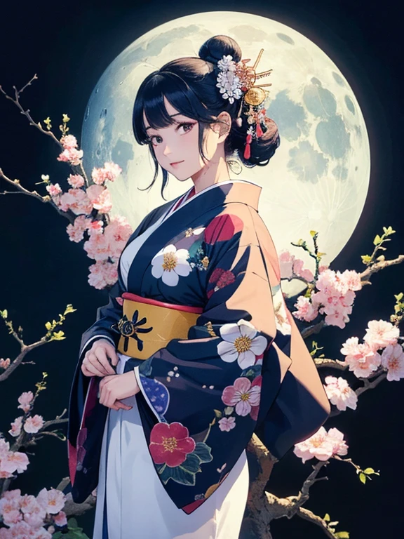 (Highest quality、masterpiece、High resolution、8K)、Ukiyo-e、Vibrant colors、Katsushika Hokusai、1 female、Black hair Japanese topknot、whole body、The kimono has a vivid floral pattern on a white background.、Official Art、背景はUkiyo-e風、White waves and Mt. Fuji、Flowers and Moon、White waves and the moon