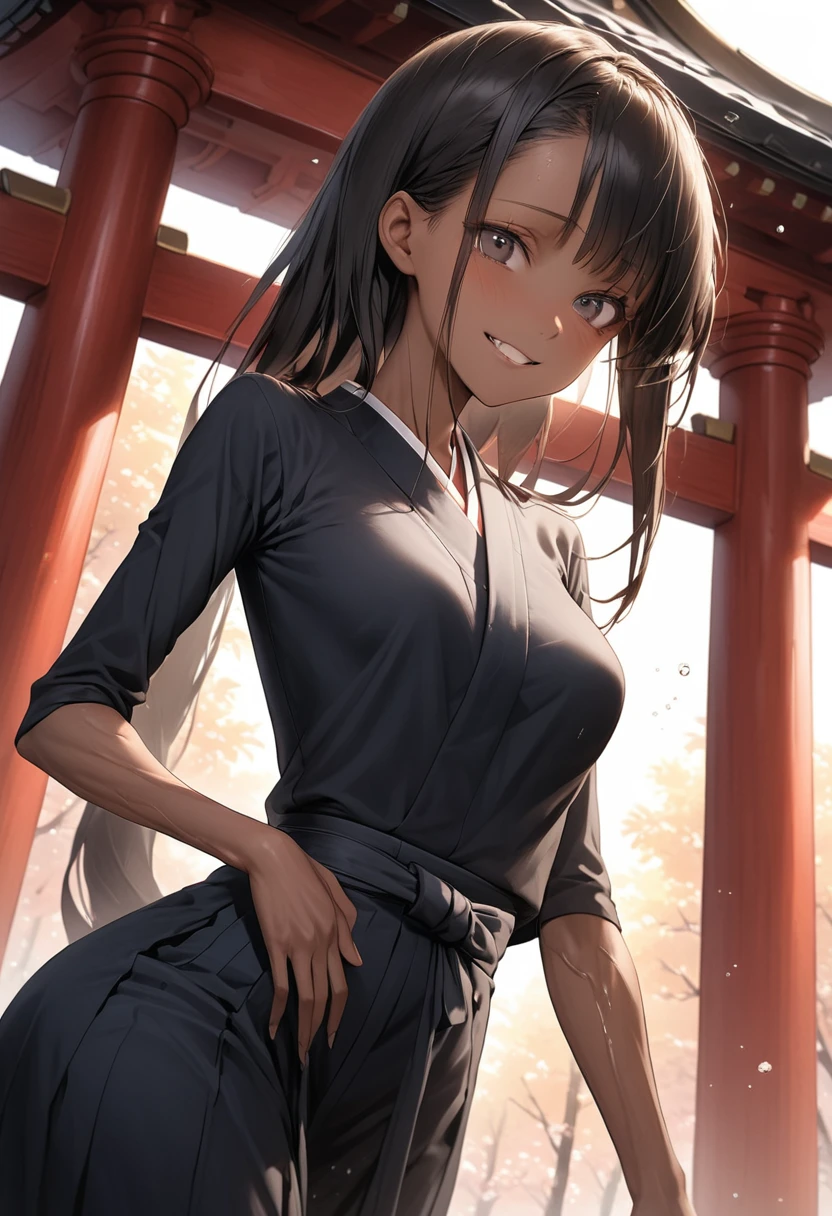 (masterpiece,Highest quality:1.3,best quality illustration),cowboy shot,1woman,25 year old Japanese beauty、black hair,long hair,bangs,black eyes,gorgeous eyes,((very small head:1.3)),shy,smile,((very long body)),medium breasts,(tan skin, gleaming skin,toned body,slender body, skinny),sweat,(Black kimono、Black Hakama),standing,shrine、