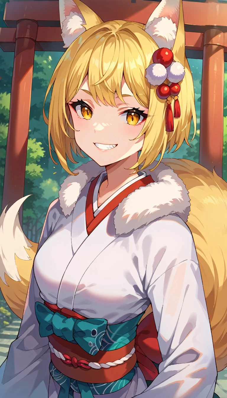 score_9, score_8_up, score_7_up, score_6_up, score_5_up, score_4_up, source anime, 1girl, tail, animal ears, blonde hair, fox tail, fox ears, solo, fur trim, yellow eyes, bangs, shiny hair, kimono, hair ornament, shiny, multicolored hair, long sleeves, short hair, teeth, parted lips, wide sleeves, grin, upper body, torii