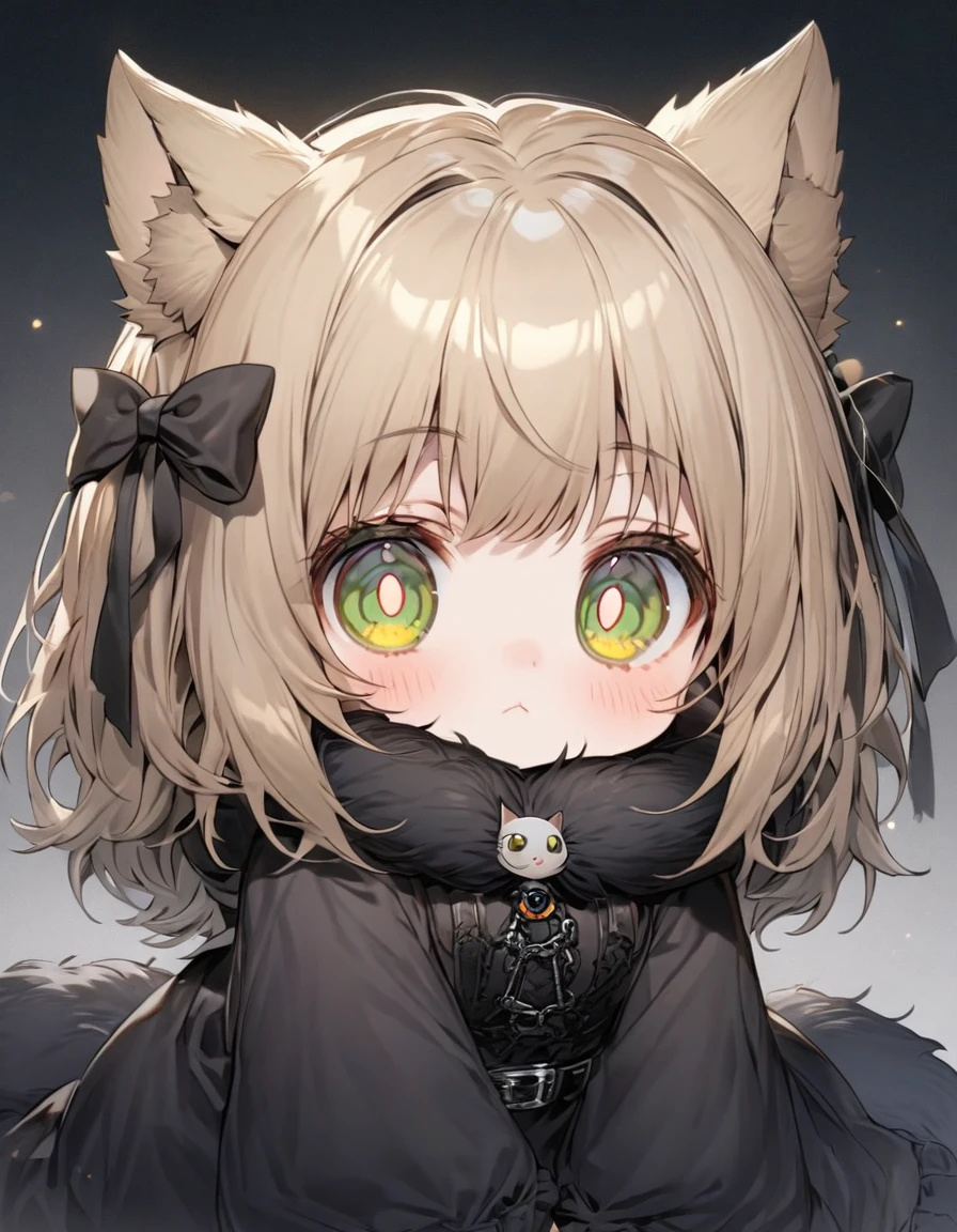 Long, bushy, light brown hair with a gray tint。Coldly。Round and flat face。Large, round, yellow-green eyes。Large pupils。Small, flat nose。Small round cat ears。Small and stocky build。The limbs are short and sturdy.。Cold-resistant。fluffy fur。sensitive。Black Costume Belt on torso Gothic