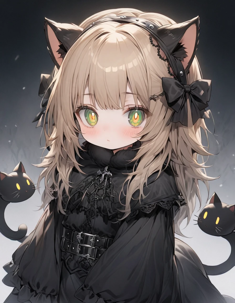 Long, bushy, light brown hair with a gray tint。Coldly。Round and flat face。Large, round, yellow-green eyes。Large pupils。Small, flat nose。Small round cat ears。Small and stocky build。The limbs are short and sturdy.。Cold-resistant。fluffy fur。sensitive。Black Costume Belt on torso Gothic