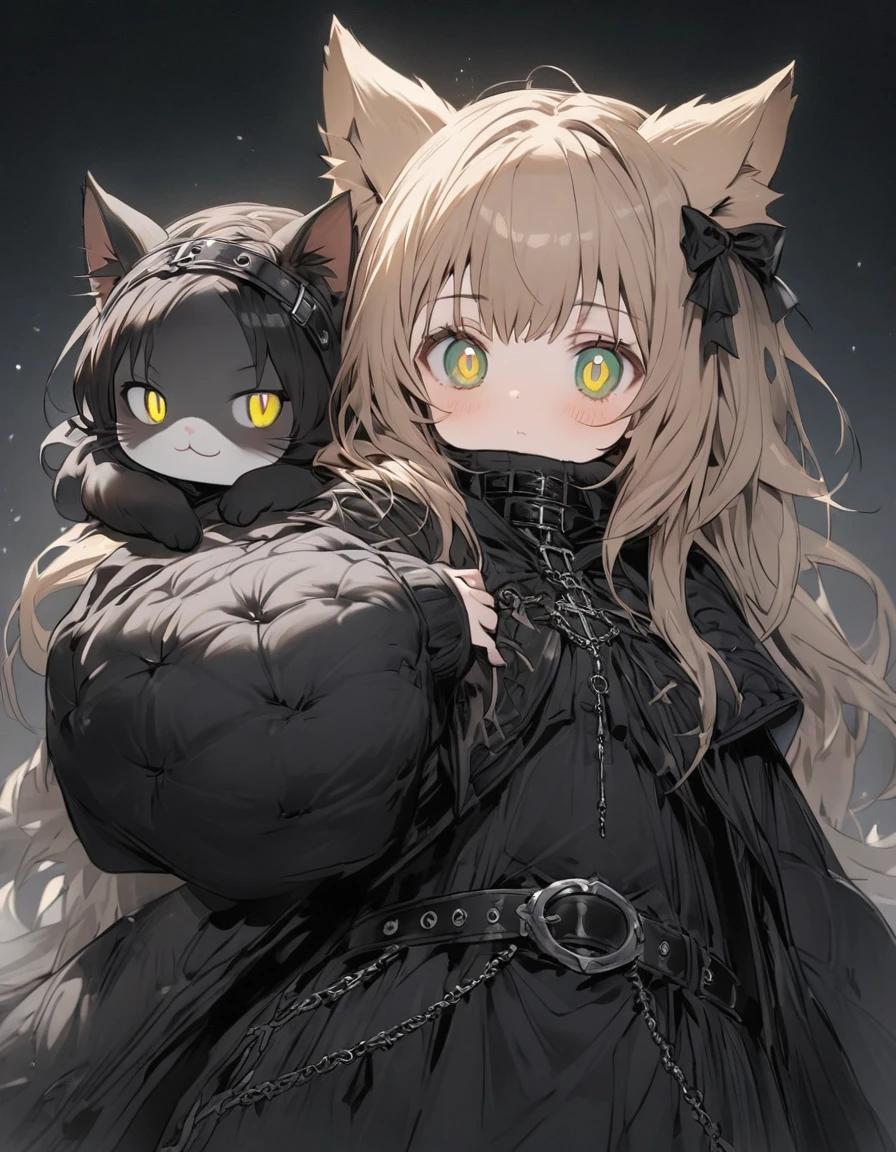 Long, bushy, light brown hair with a gray tint。Coldly。Round and flat face。Large, round, yellow-green eyes。Large pupils。Small, flat nose。Small round cat ears。Small and stocky build。The limbs are short and sturdy.。Cold-resistant。fluffy fur。sensitive。Black Costume Belt on torso Gothic