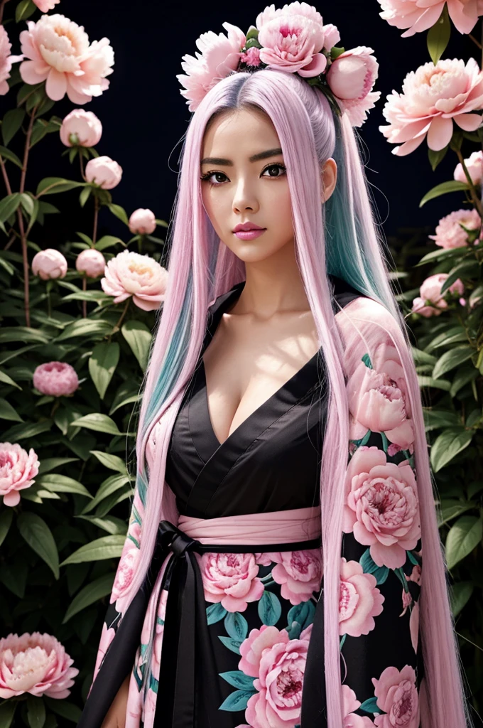 Draw a beautiful Mexican anime woman with hair with white roots and light pink tips., big beautiful eyes beautiful pink, blue and light yellow,  medium large bust wearing a black kimono with peonies, light pink lips, in the middle of a Demon Slayer-style magical night garden