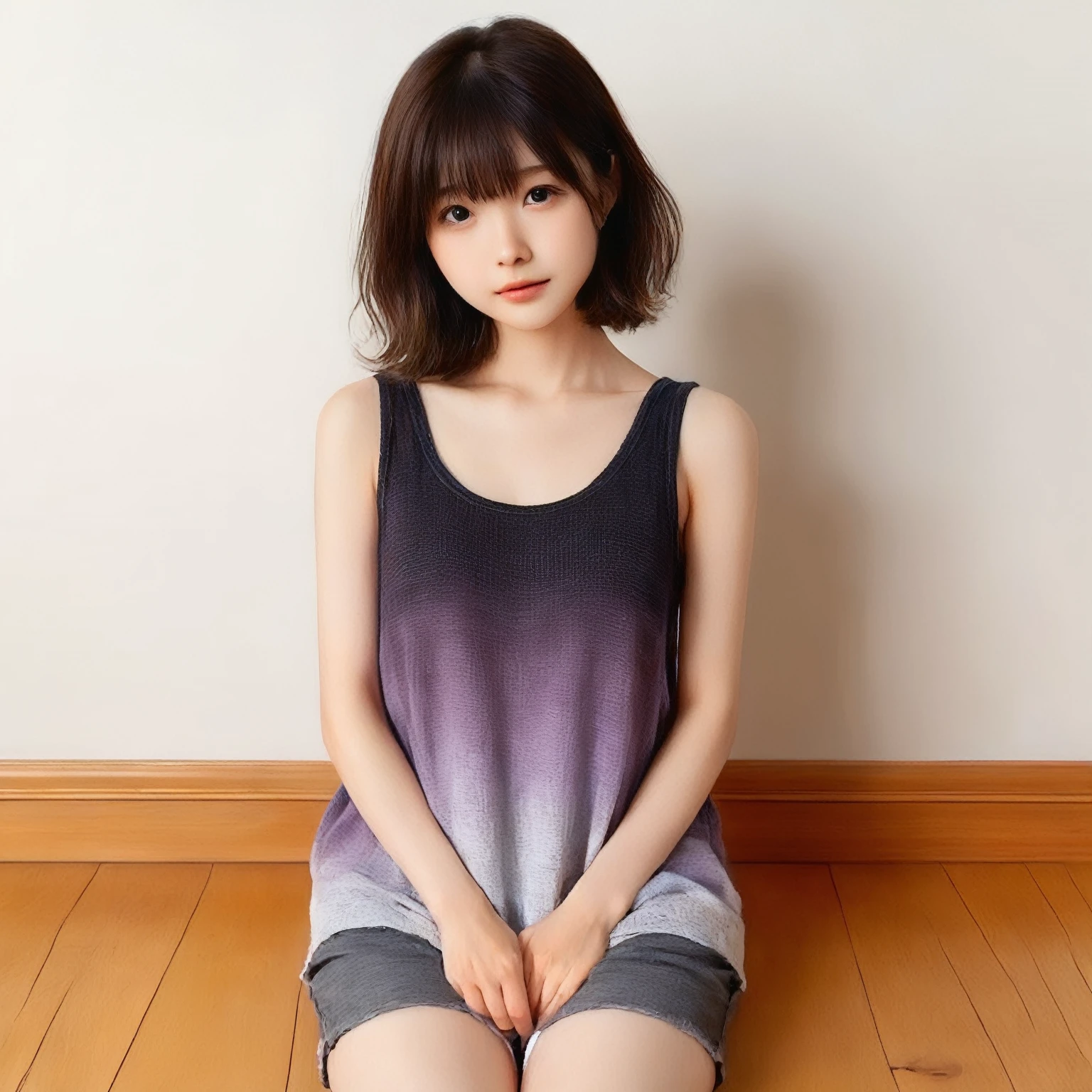 japanese 2girl, lying on the bed, (wearing a white tank-top and simple cotton shorts:2),(photoshoot style, shooting from front, upper knee statue, body facing forward), 26 years old, (toned body type:1.2, tall height 5.35 feet), (small breast :1.2, hemispherical udder silhouette:1.2), little smiling, perorbital swelling, brown fluffy and wavy short-cut hair, natural bangs, detailed brown eyes, detailed finger, suppin, no make, (photorealsitic:1.4), (high-resolution details of human skin texture:1.2, rough skin:1.2, Uneven skin tone:1.6, skin texture must be natural:1.1), top-quality, ​masterpiece, high resolution, raw photo, natural soft light, professional lighting