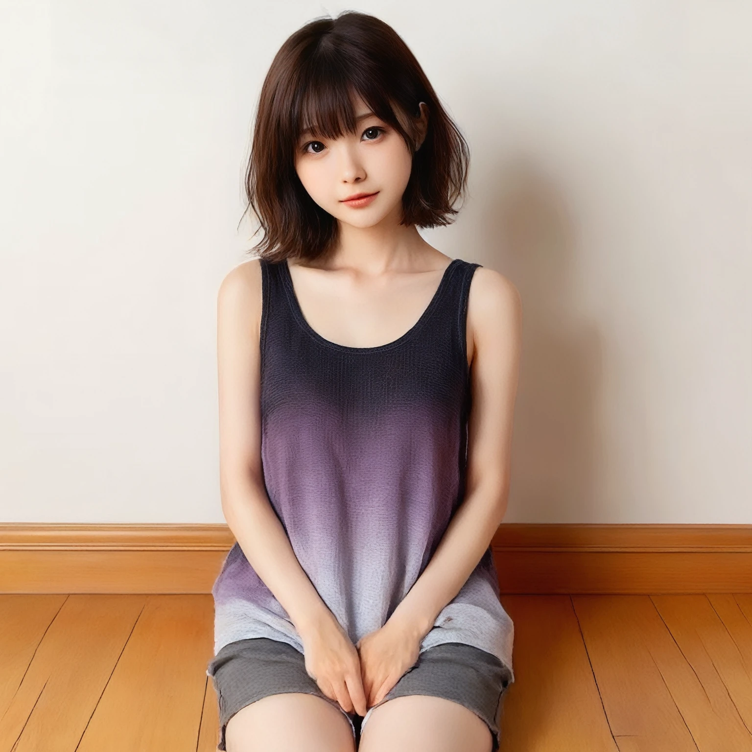 japanese 2girl, lying on the bed, (wearing a white tank-top and simple cotton shorts:2),(photoshoot style, shooting from front, upper knee statue, body facing forward), 26 years old, (toned body type:1.2, tall height 5.35 feet), (small breast :1.2, hemispherical udder silhouette:1.2), little smiling, perorbital swelling, brown fluffy and wavy short-cut hair, natural bangs, detailed brown eyes, detailed finger, suppin, no make, (photorealsitic:1.4), (high-resolution details of human skin texture:1.2, rough skin:1.2, Uneven skin tone:1.6, skin texture must be natural:1.1), top-quality, ​masterpiece, high resolution, raw photo, natural soft light, professional lighting