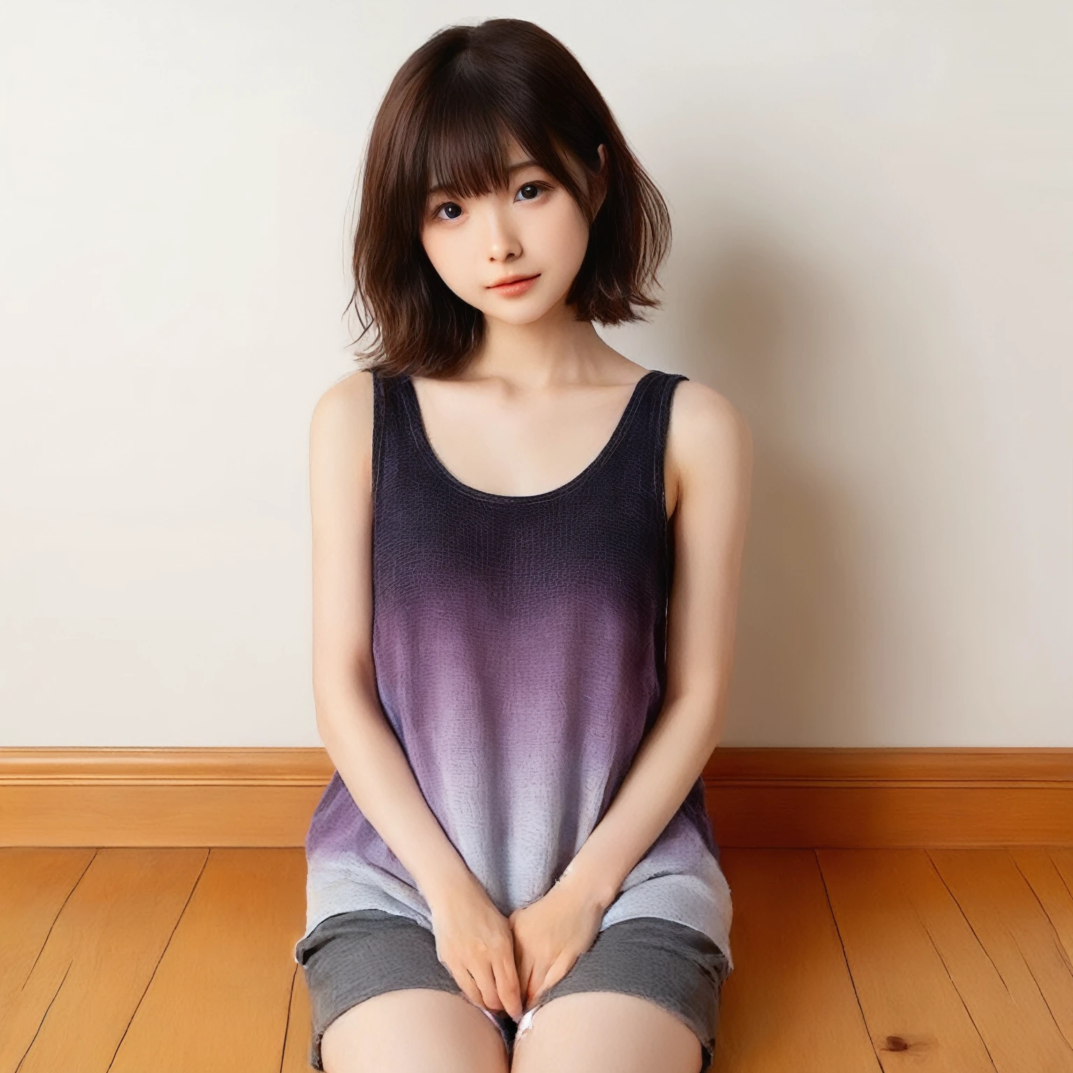 japanese 2girl, lying on the bed, (wearing a white tank-top and simple cotton shorts:2),(photoshoot style, shooting from front, upper knee statue, body facing forward), 26 years old, (toned body type:1.2, tall height 5.35 feet), (small breast :1.2, hemispherical udder silhouette:1.2), little smiling, perorbital swelling, brown fluffy and wavy short-cut hair, natural bangs, detailed brown eyes, detailed finger, suppin, no make, (photorealsitic:1.4), (high-resolution details of human skin texture:1.2, rough skin:1.2, Uneven skin tone:1.6, skin texture must be natural:1.1), top-quality, ​masterpiece, high resolution, raw photo, natural soft light, professional lighting