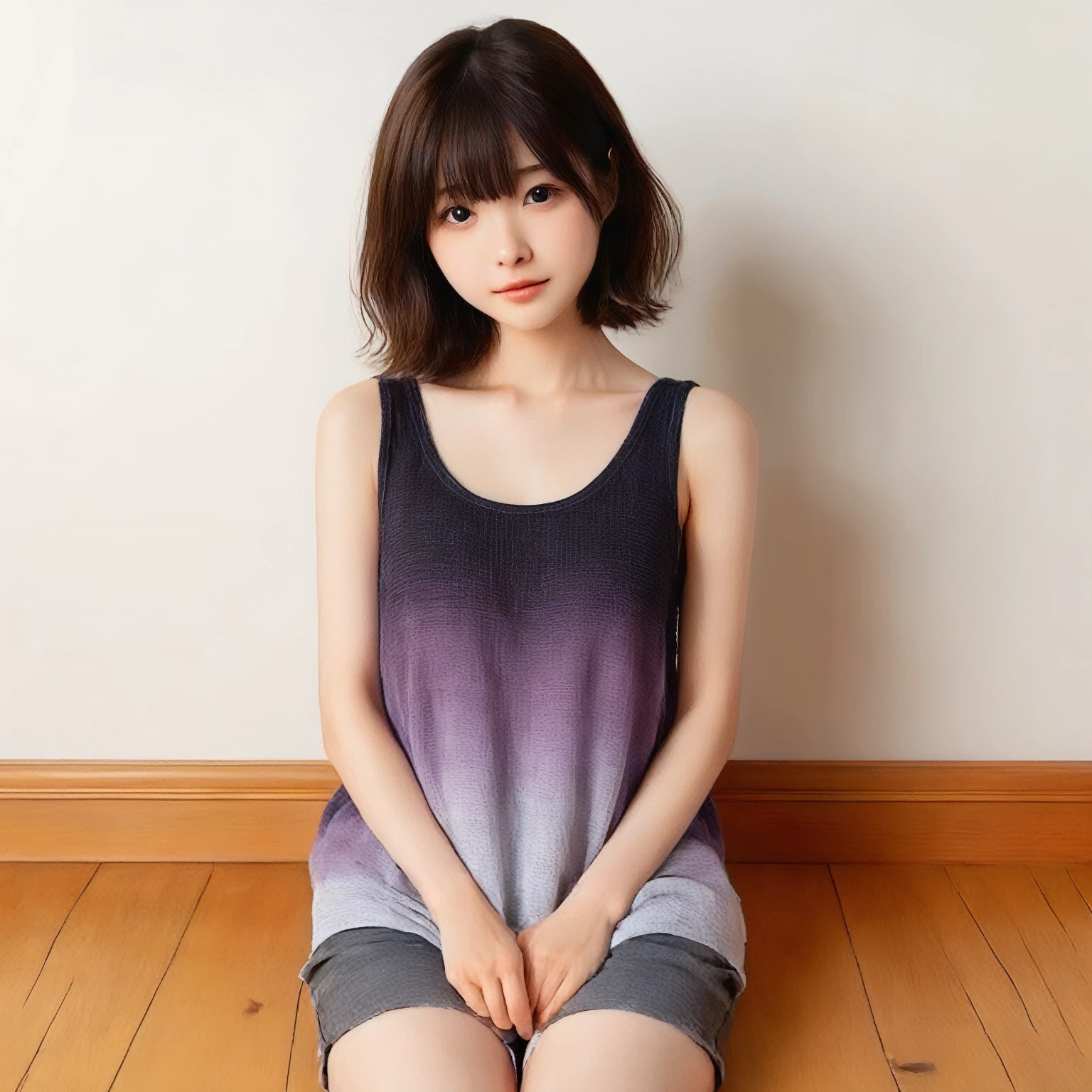 japanese 2girl, lying on the bed, (wearing a white tank-top and simple cotton shorts:2),(photoshoot style, shooting from front, upper knee statue, body facing forward), 26 years old, (toned body type:1.2, tall height 5.35 feet), (small breast :1.2, hemispherical udder silhouette:1.2), little smiling, perorbital swelling, brown fluffy and wavy short-cut hair, natural bangs, detailed brown eyes, detailed finger, suppin, no make, (photorealsitic:1.4), (high-resolution details of human skin texture:1.2, rough skin:1.2, Uneven skin tone:1.6, skin texture must be natural:1.1), top-quality, ​masterpiece, high resolution, raw photo, natural soft light, professional lighting