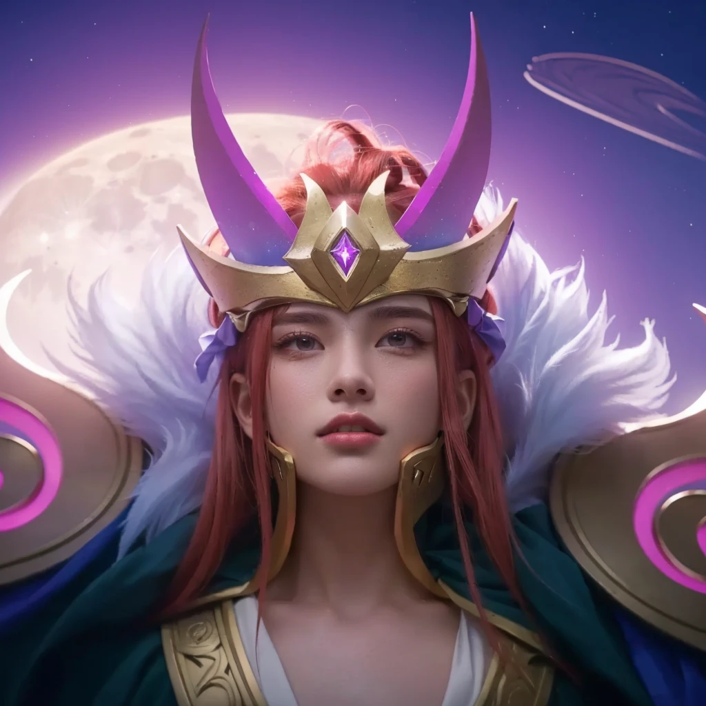 there is a 1boy with a crown on his head, god of the moon, red hair, charismatic, power stance, male god, handsome, ethereal, celestial, glowing moon in the background, dark night sky, stars, crescent moon, detailed lighting, dramatic chiaroscuro, cinematic, fantasy, digital art, 8k, hyper detailed, masterpiece, photorealistic, man, male
