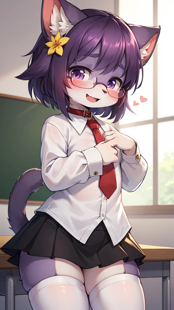 (8k, high resolution,high quality)
((Masterpiece)), (detailed skin), (detailed face), concept, simple dagasi background,(by personals), by silverfox5213,[by Ruan Jia]
face
anime hairEstilo,
1 girl, Alone, (happy 1gato) , ),cat girl,short dark purple hair l,Straight hair,messy hair,classroom,Light and shadow,White shirt,Red tie,black skirt,white stocking,glasses,flower hairpin,small bell collar,looking at the viewer,shy face,Open mouth,steam face,SMILE,hand cover face,full face blush