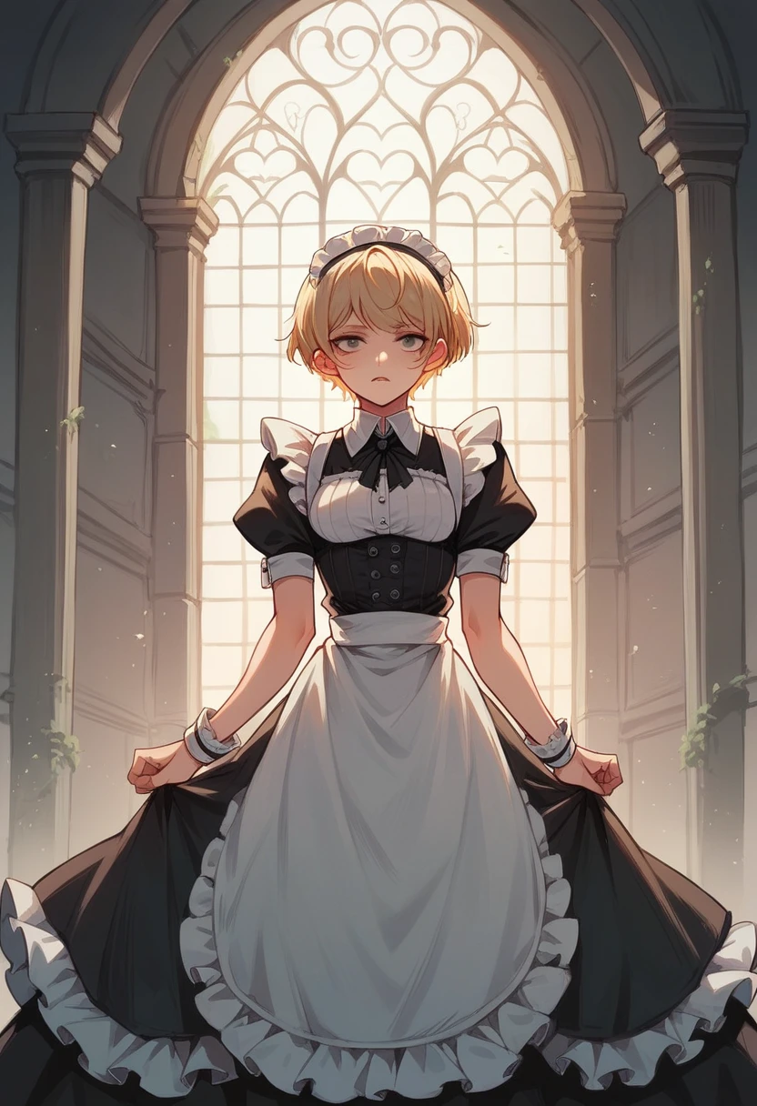 Gothic blonde maid with short hair in a mansion