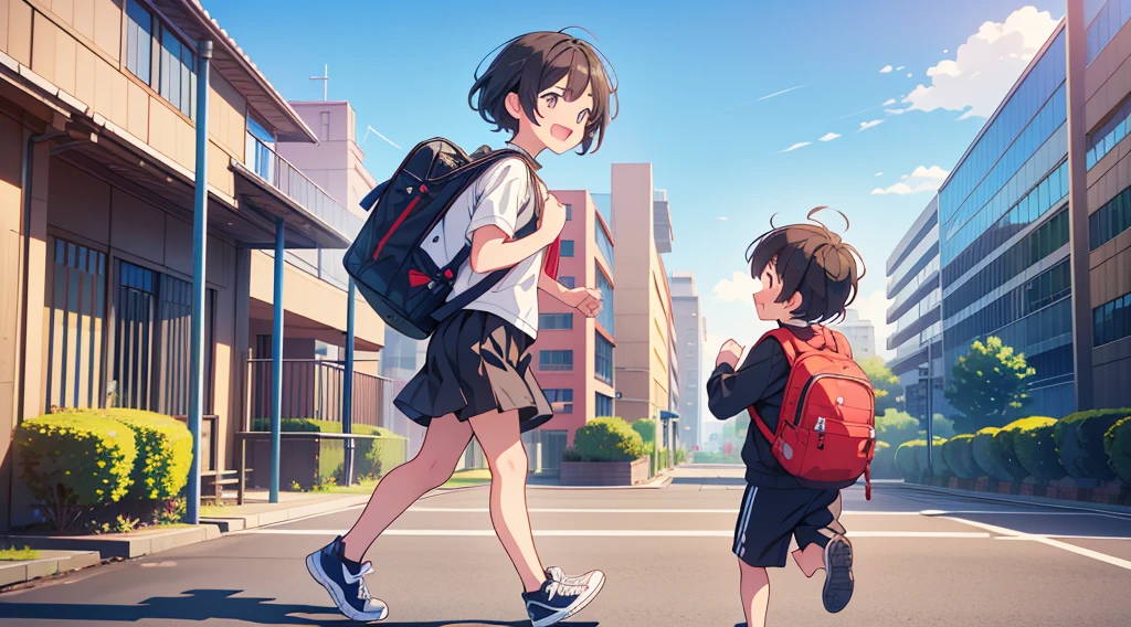 Highest quality, Ultra-high resolution, masterpiece, 8K quality,A mother watches her  running with a black backpack、 Laughing happily. There is a building in the background, Flat school building, Warm Spring.