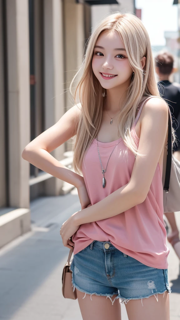 18-year-old、Tabletop, Highest quality, shape, Very detailed, In detail, High resolution, 8k wallpaper, Perfect dynamic composition, Beautiful details, Super long hair、smile、Prompt Hair、blonde、Pink inner color hair、Street Snap、Silver Eyes、Shorts、Beautiful feet