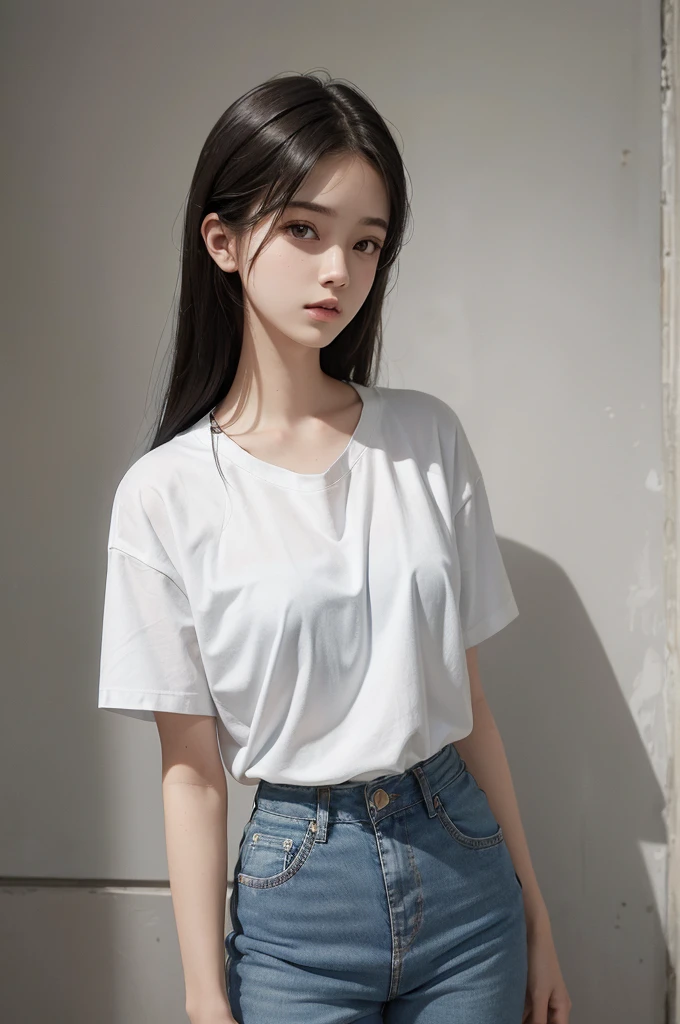 20 year old girl, blue short jean, white shirt, long hair, high contrast (Natural skin texture, Hyperrealism, Soft Light, sharp), portrait, standing