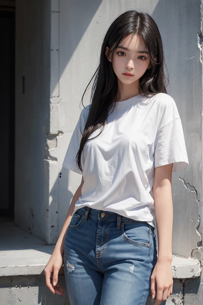 20 year old girl, blue short jean, white shirt, long hair, high contrast (Natural skin texture, Hyperrealism, Soft Light, sharp), portrait, standing