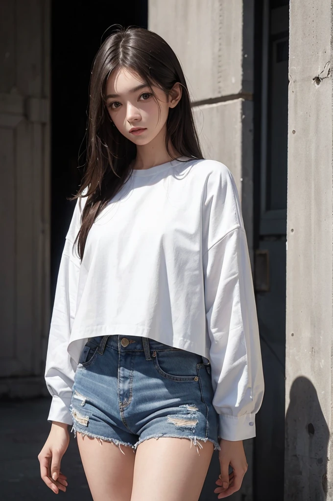 20 year old girl, blue short jean, white shirt, long hair, high contrast (Natural skin texture, Hyperrealism, Soft Light, sharp), portrait, standing