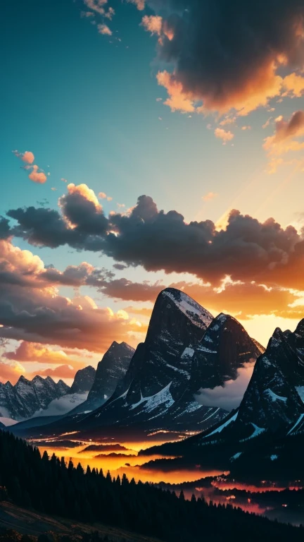 a dreamy silhouette against a majestic mountain rising towards the sky, cinematic lighting, dramatic clouds, serene atmosphere, golden hour, awe-inspiring, detailed landscape, beautiful scenery, vibrant colors, photorealistic, 8k, hyper detailed, masterpiece