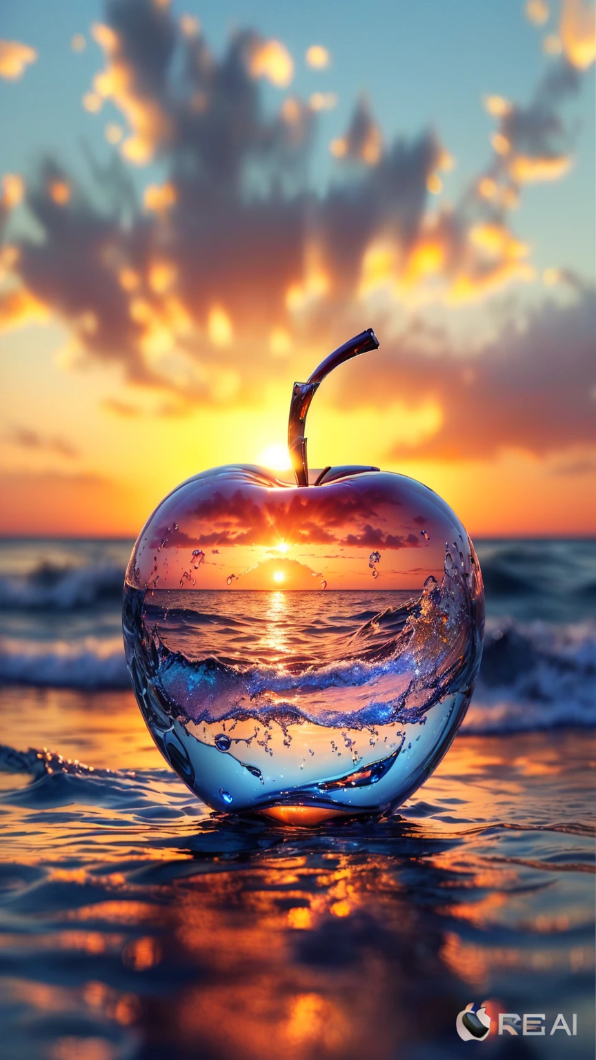 there is a glass apple sitting on the beach at sunset, Great photos, Rendering, Water Art Control, Refraction of water!!, Refracted sunset lighting, apple, Stock Image, Beautiful composition 3-D 4K, beautiful picture, author:Dan Luvisi, Water Art Photoshop, Refracted sunset, uneven glass apple in the dark, Rendering art, nice shot